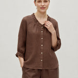 100% Linen Ruffle Trim Half Sleeve Shirt
