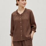 100% Linen Ruffle Trim Half Sleeve Shirt