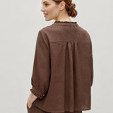 100% Linen Ruffle Trim Half Sleeve Shirt