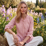 100% Linen Ruffle Trim Half Sleeve Tunic Shirt