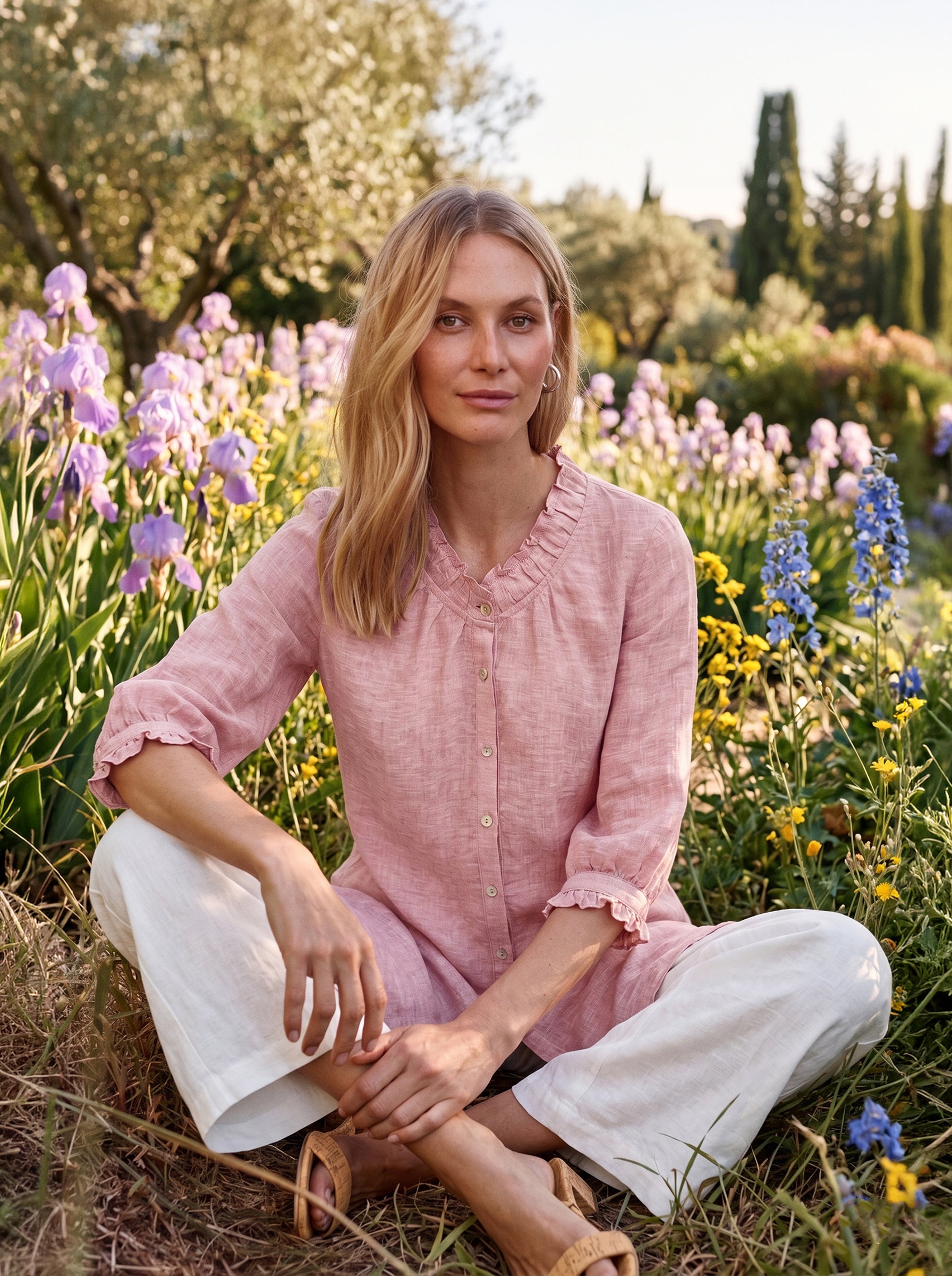 100% Linen Ruffle Trim Half Sleeve Tunic Shirt