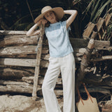 100% Linen Drawstring Waist Patch Pockets Straight Leg Pants