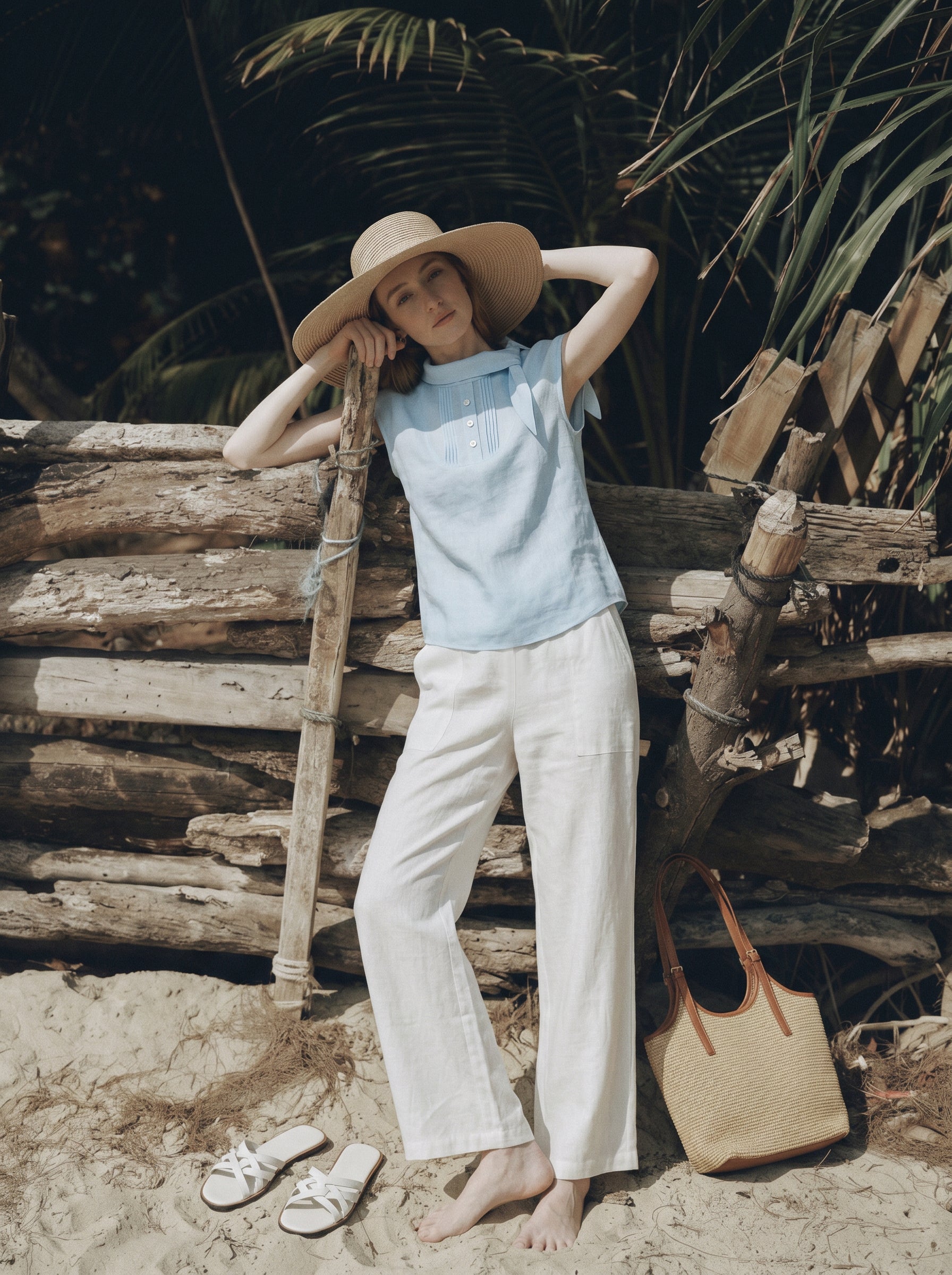 100% Linen Drawstring Waist Patch Pockets Straight Leg Pants