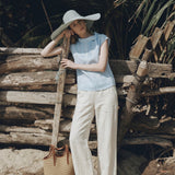 100% Linen Tie Collar Front Pleated Sleeveless Top