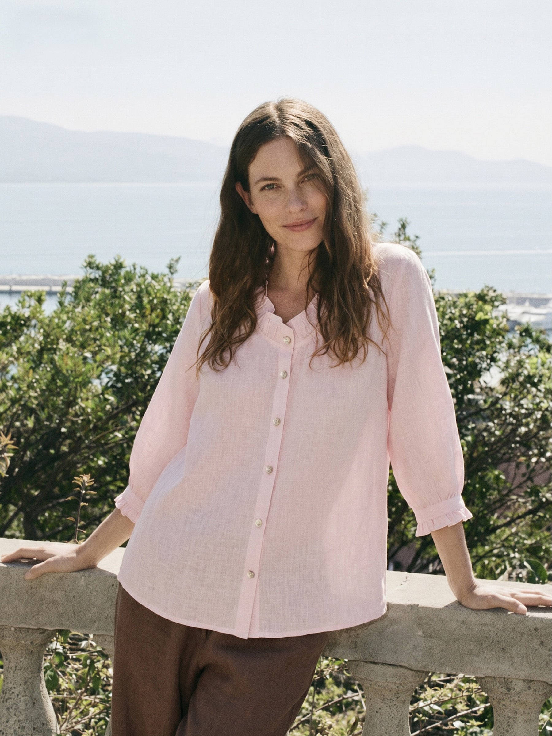 100% Linen Ruffle Trim Half Sleeve Shirt