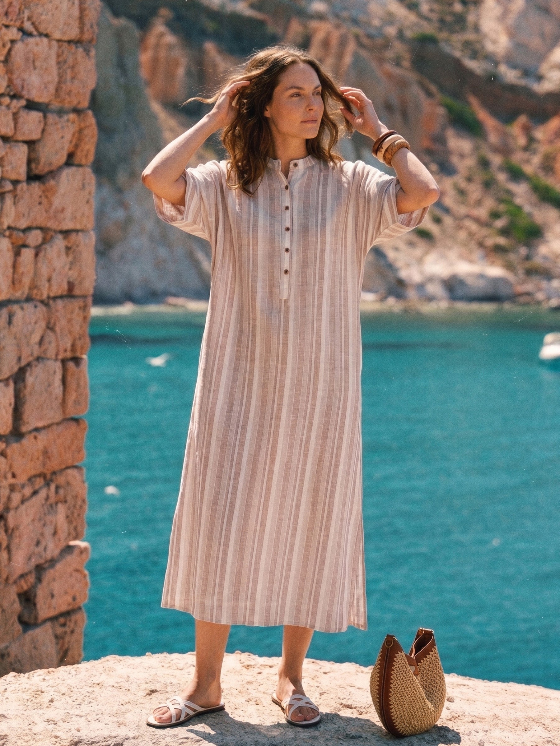 Linen Cotton Stripe Batwing Sleeve Oversized Maxi Dress