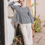 Linen Cotton Vintage Checked Round Neck Long Sleeve Top