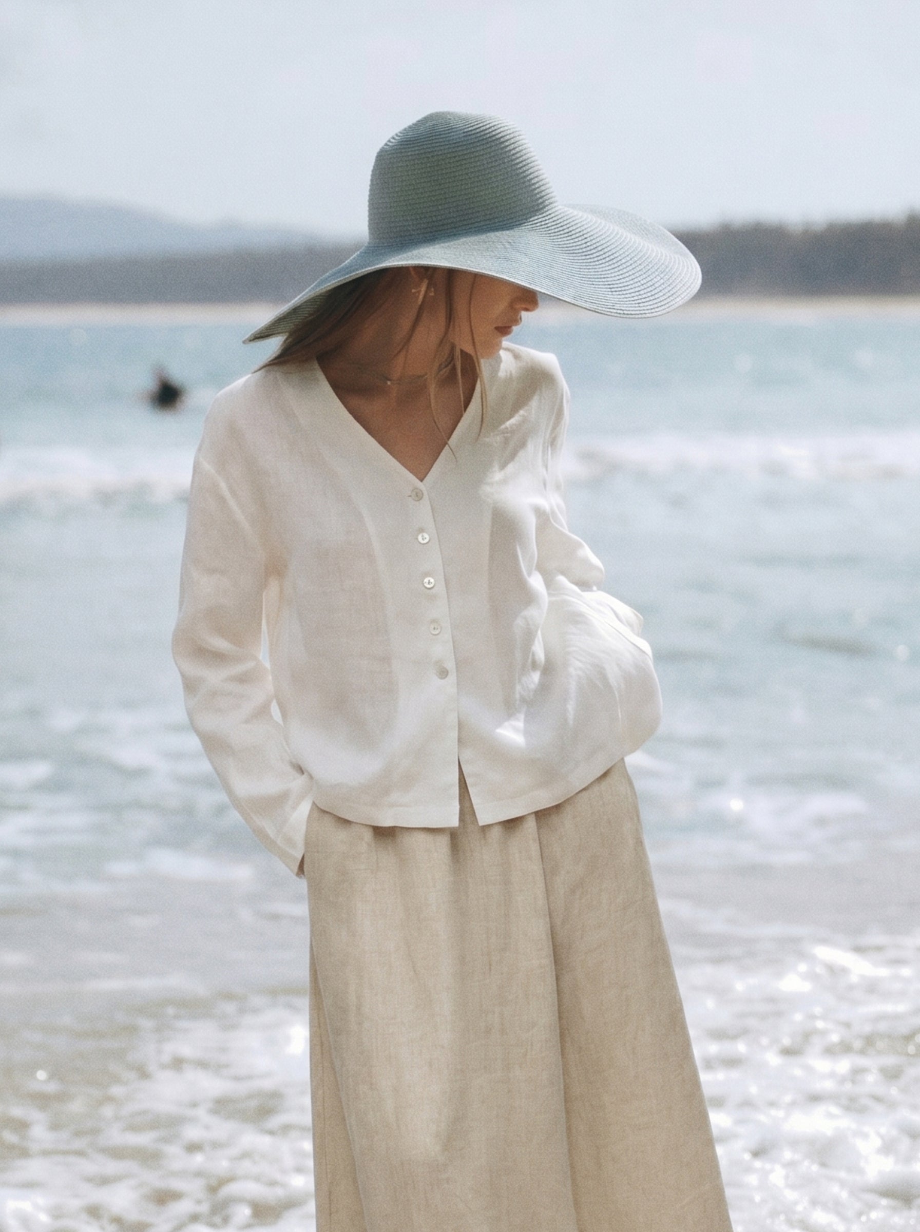 100% Linen V-neck Button Front Long Sleeve Blouse