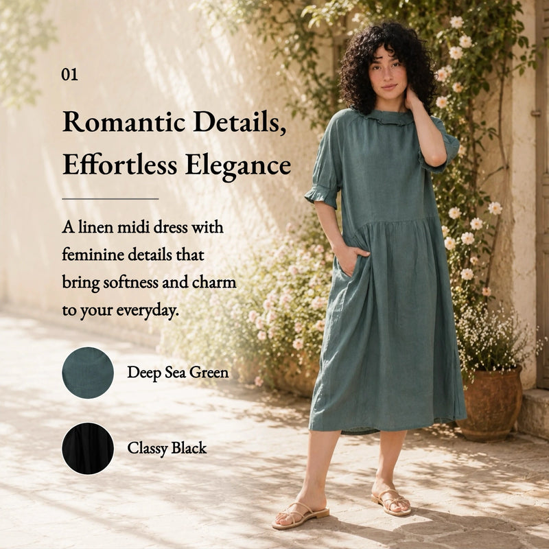 100% Linen Ruffle Trim Pleated Midi Dress