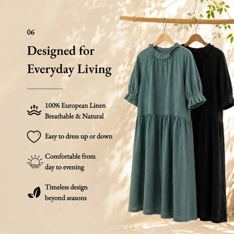 100% Linen Ruffle Trim Pleated Midi Dress